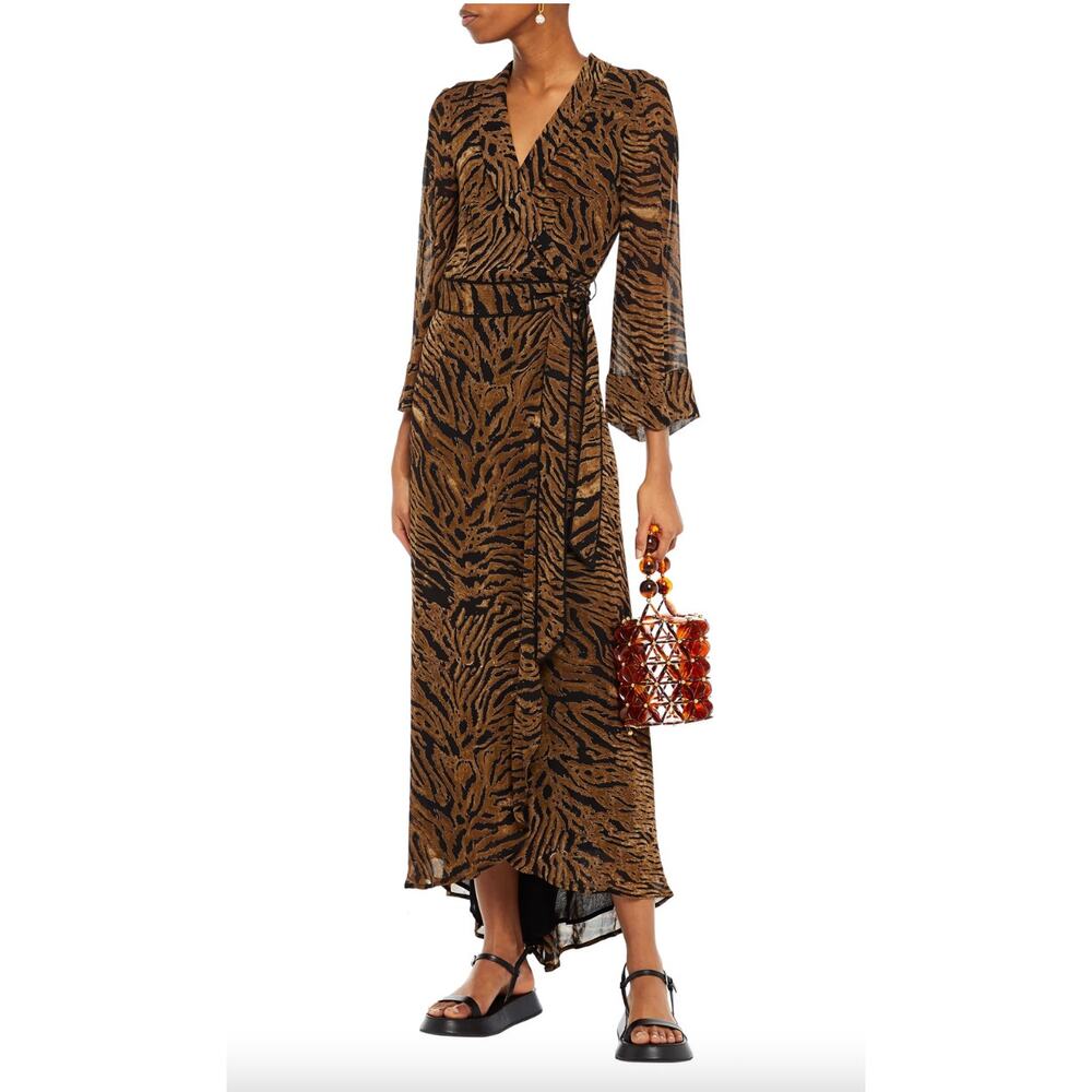 Ganni Tiger Print Georgette Long Sleeve Wrap V-Neck Dress In Brown Size 38 US 8